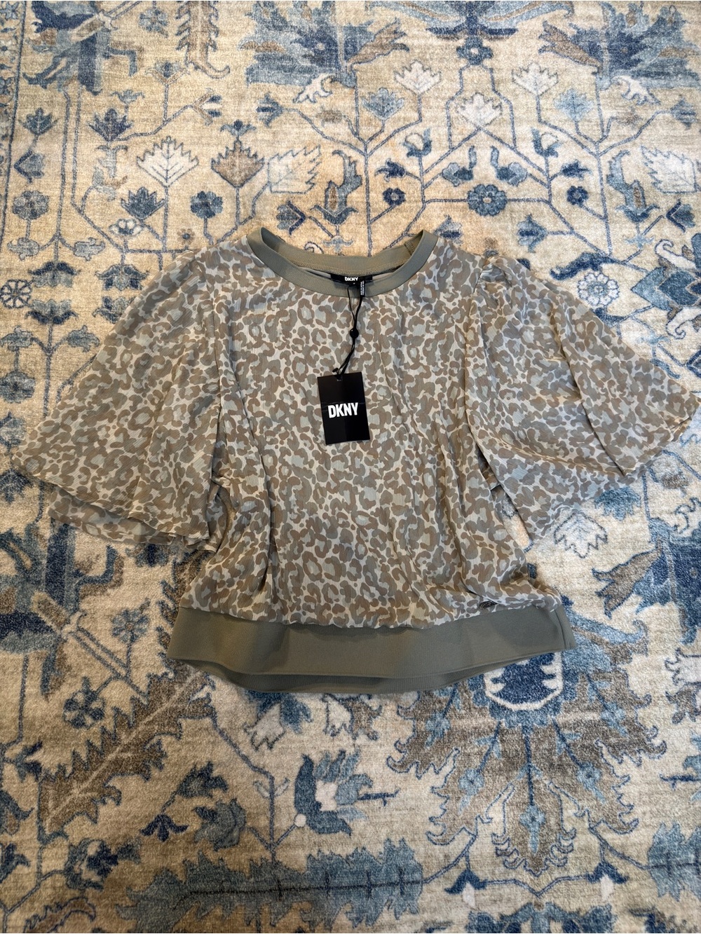 DKNY Olive-Tone Animal Print Short Sleeve Blouse